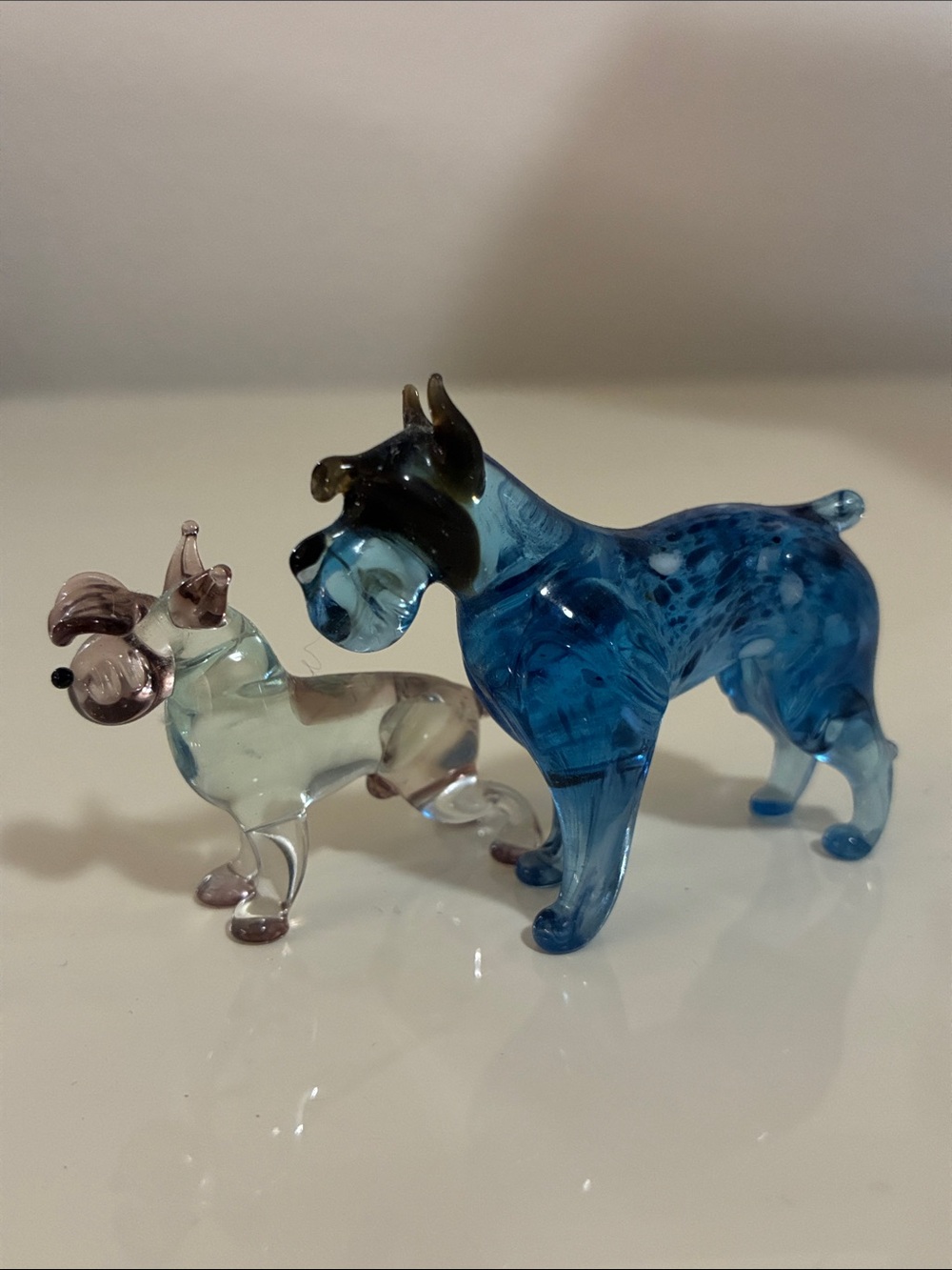 Handblown Glass Schnauzer Dog Figurine Set - Blue & Clear